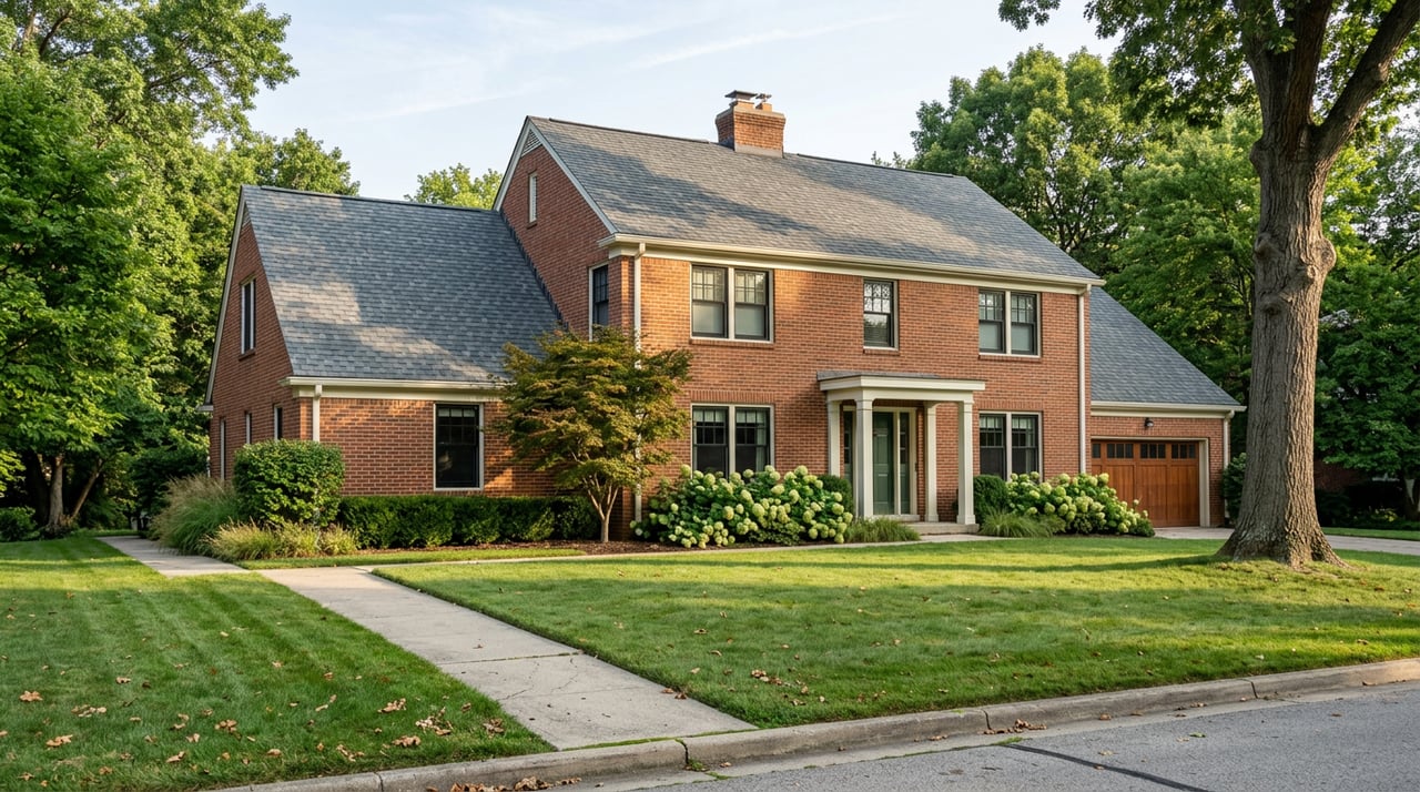Brick Colonial with gray shingle roof, green entry door, cedar-toned garage, and mature trees across a broad lawn.