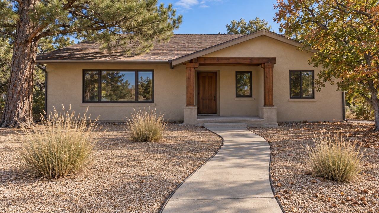 Established stucco home with a timber porch, deep gravel front yard, mature pine and autumn oak in clear morning light.
