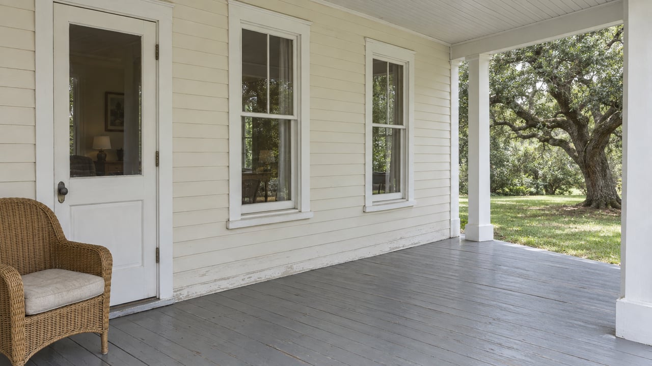 An ivory clapboard cottage porch with tall windows, a glazed door, worn gray floorboards and one wicker chair overlooking a mature live oak and lawn.