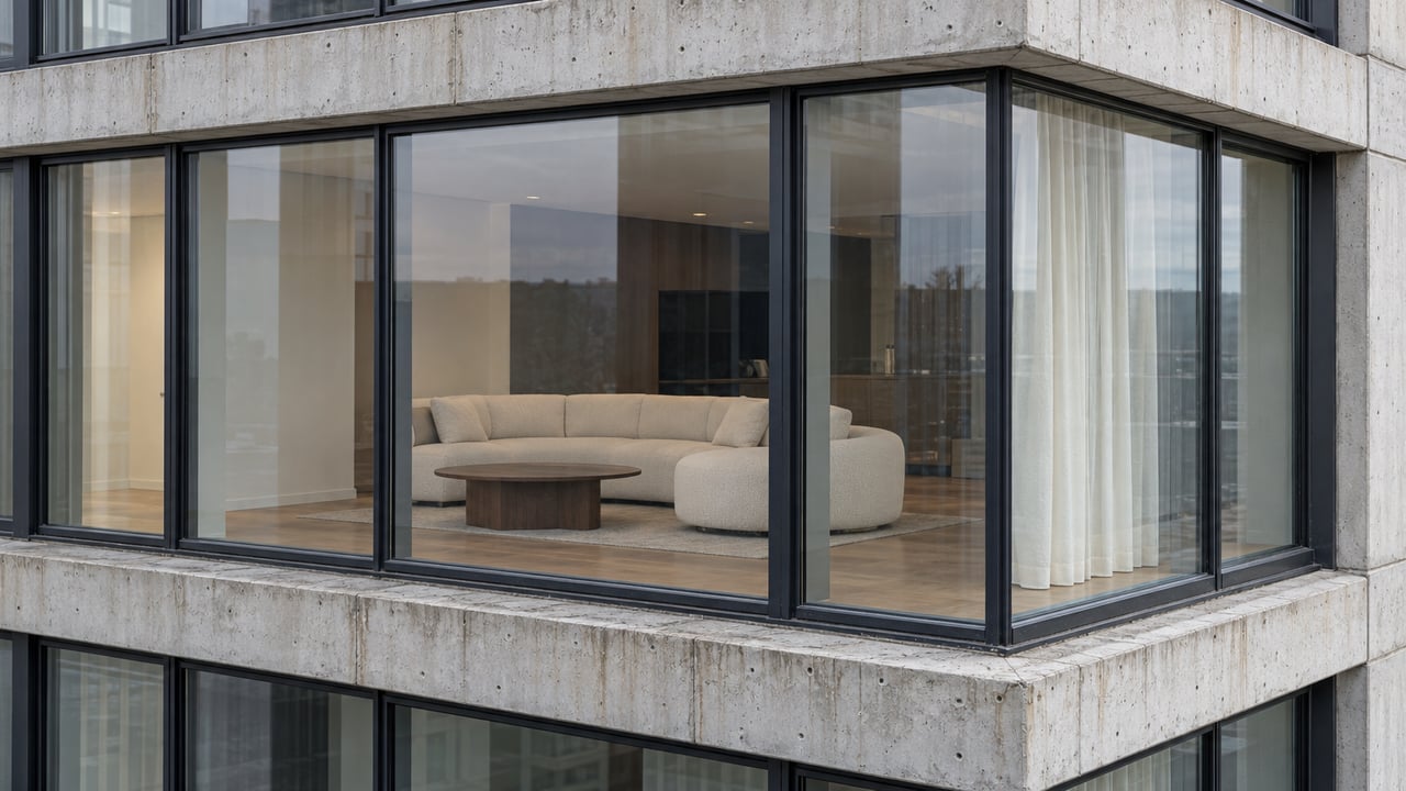 Close view of dark-framed corner windows and pale concrete slabs, with an oak-floored living room visible behind the glass.