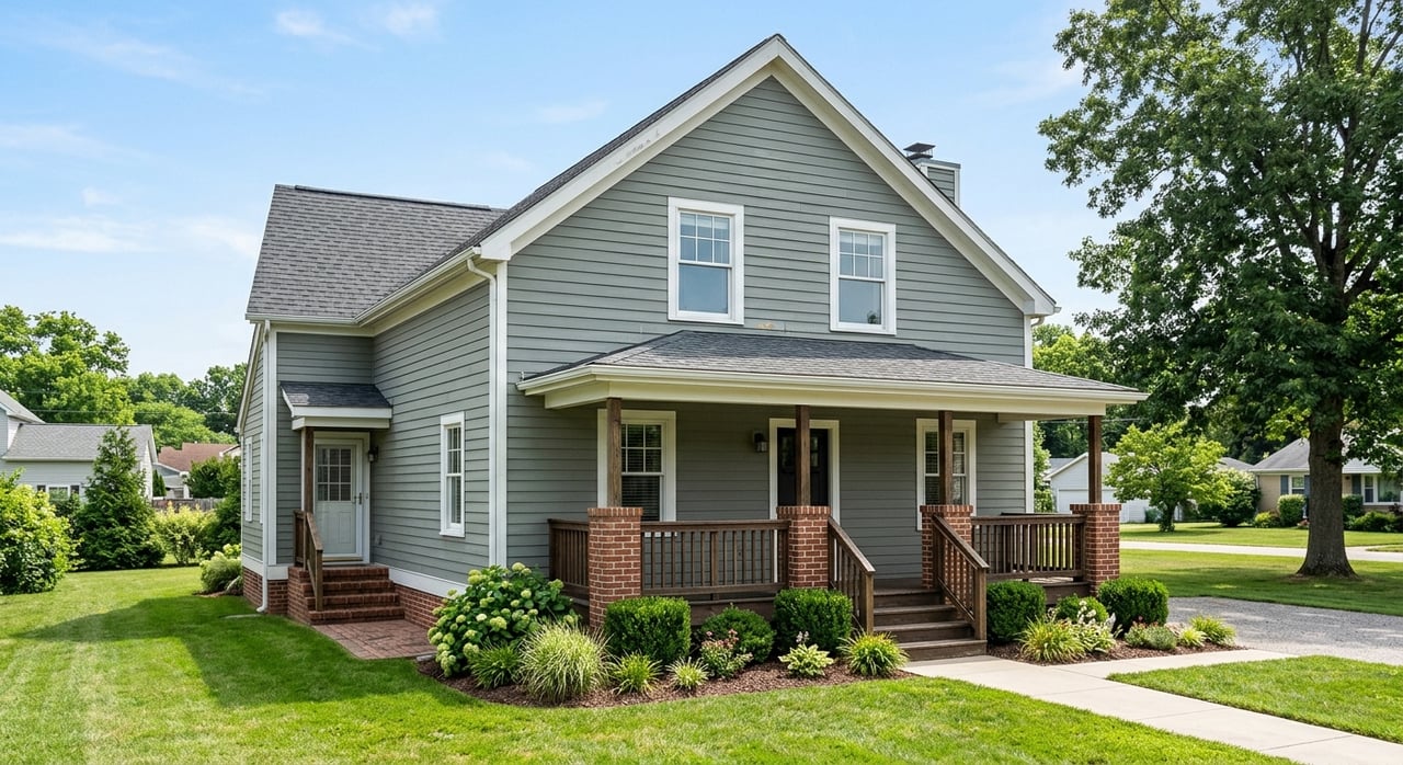 Gray-green house with a front porch, central white door, and separate side-entry door.