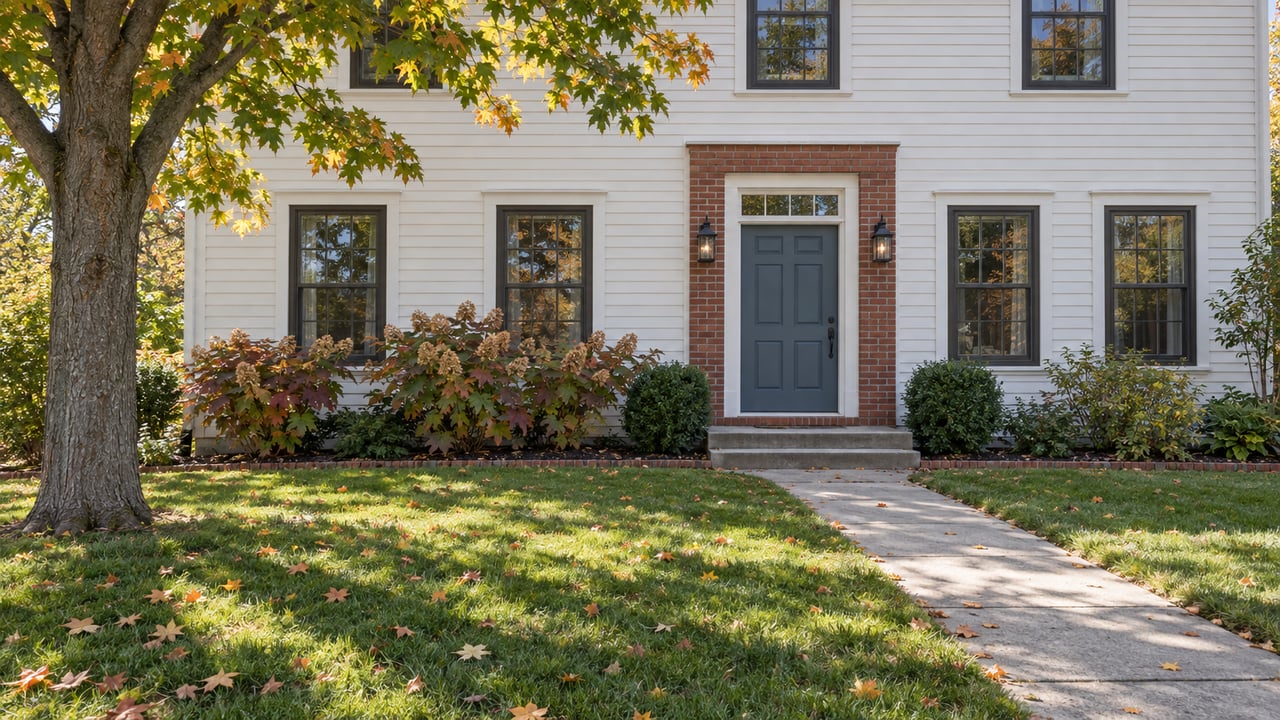 White-sided Colonial with a brick entry, dark windows, deep front lawn and an amber-leaved maple in morning light.