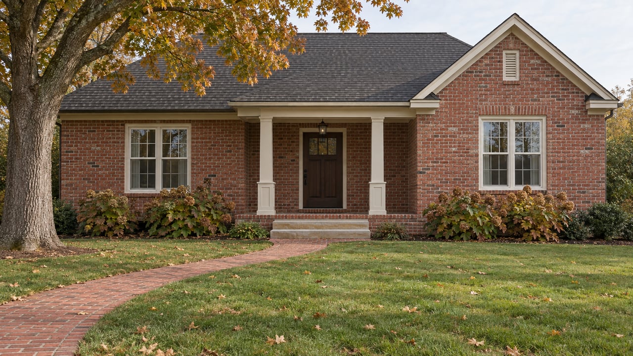 Red-brick house with a recessed columned entry, curved brick path, deep lawn, and russet oak canopy.