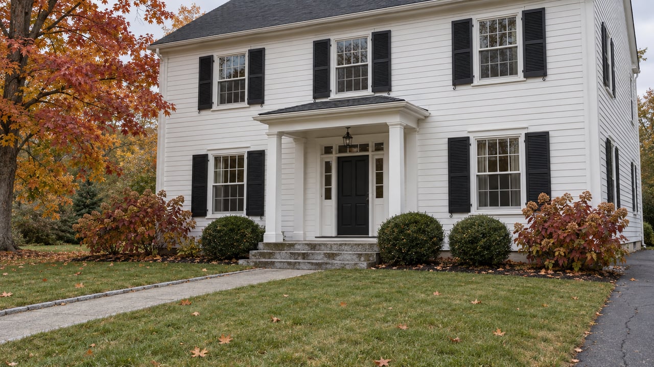 Two-story white clapboard house with granite entry steps, diagonal front walk, and autumn maple foliage.