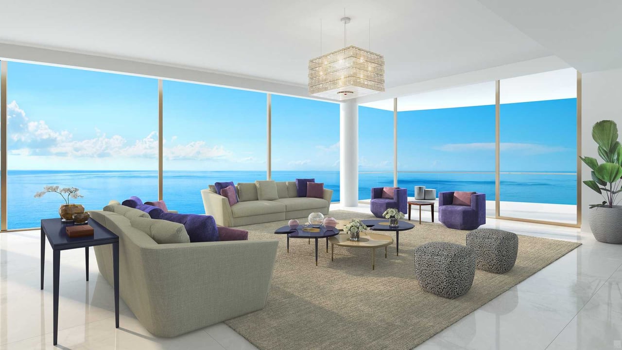 The Estates at Acqualina living room with panoramic views 