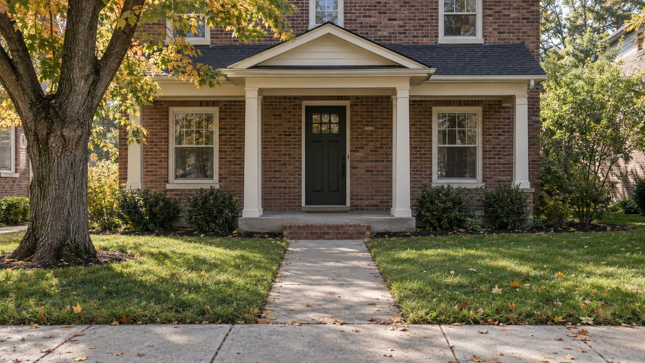 Brick two-story house with a cream-trimmed porch, concrete walkway, and amber-leaved tree.