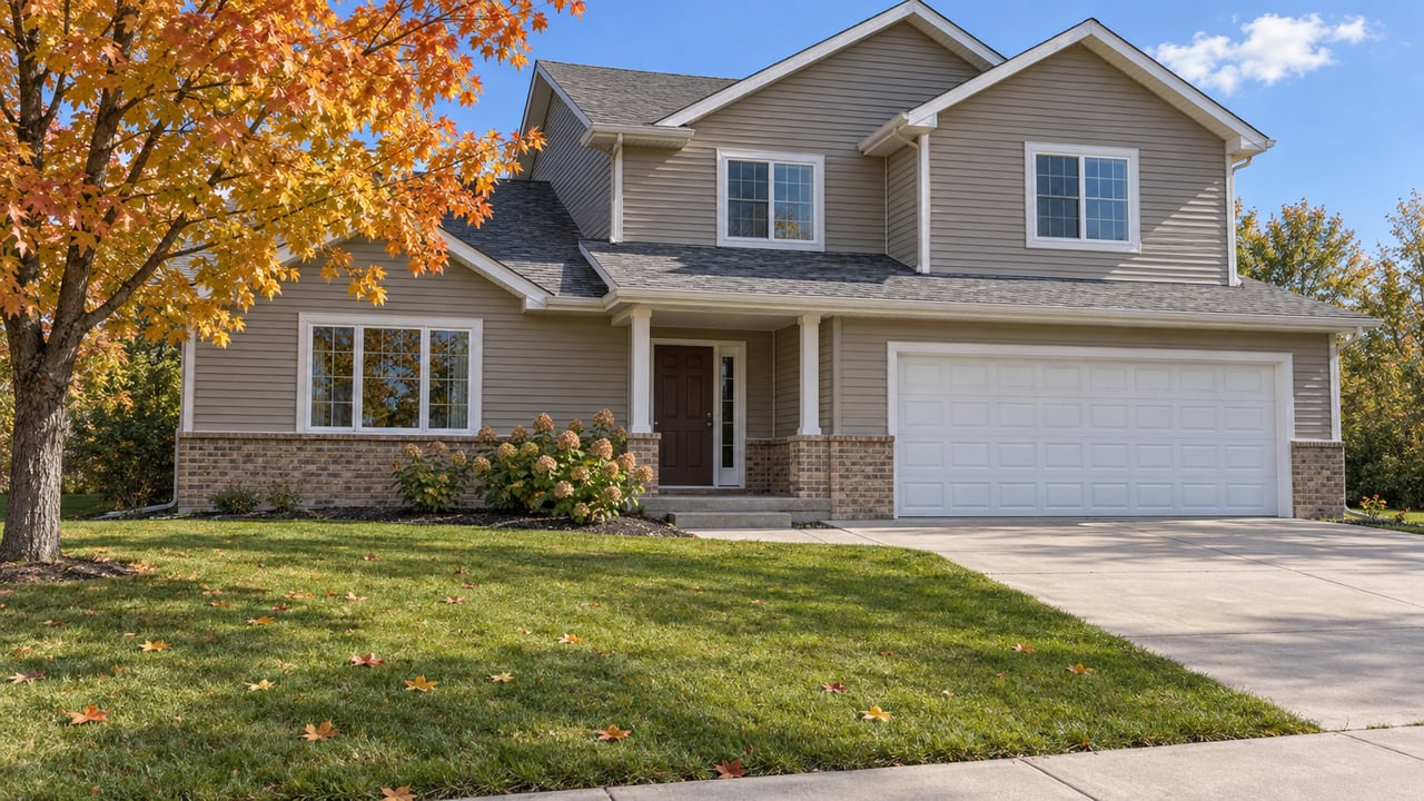 Taupe two-story home with a white double garage, brick entry accents, a broad lawn and an orange-leaved sugar maple in autumn sunlight.