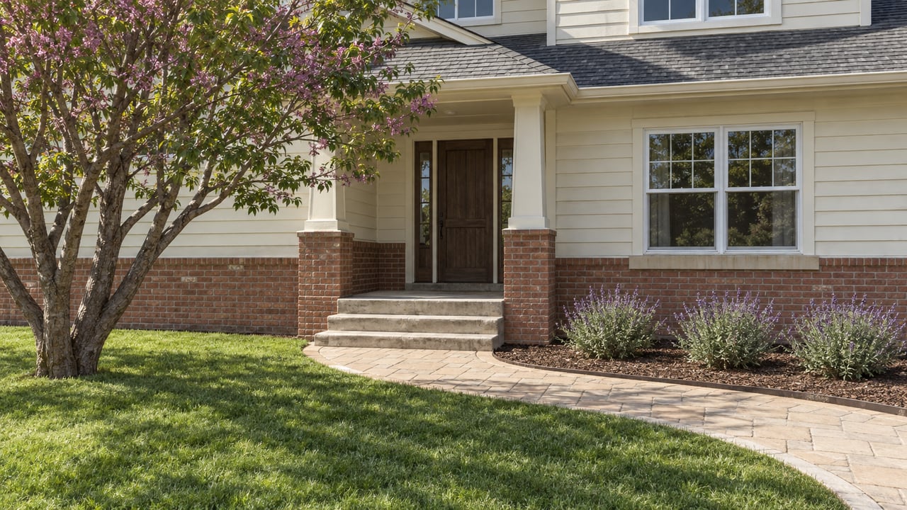 A cream-sided home with a brick porch base, oak entry door and paver approach across a green front lawn.