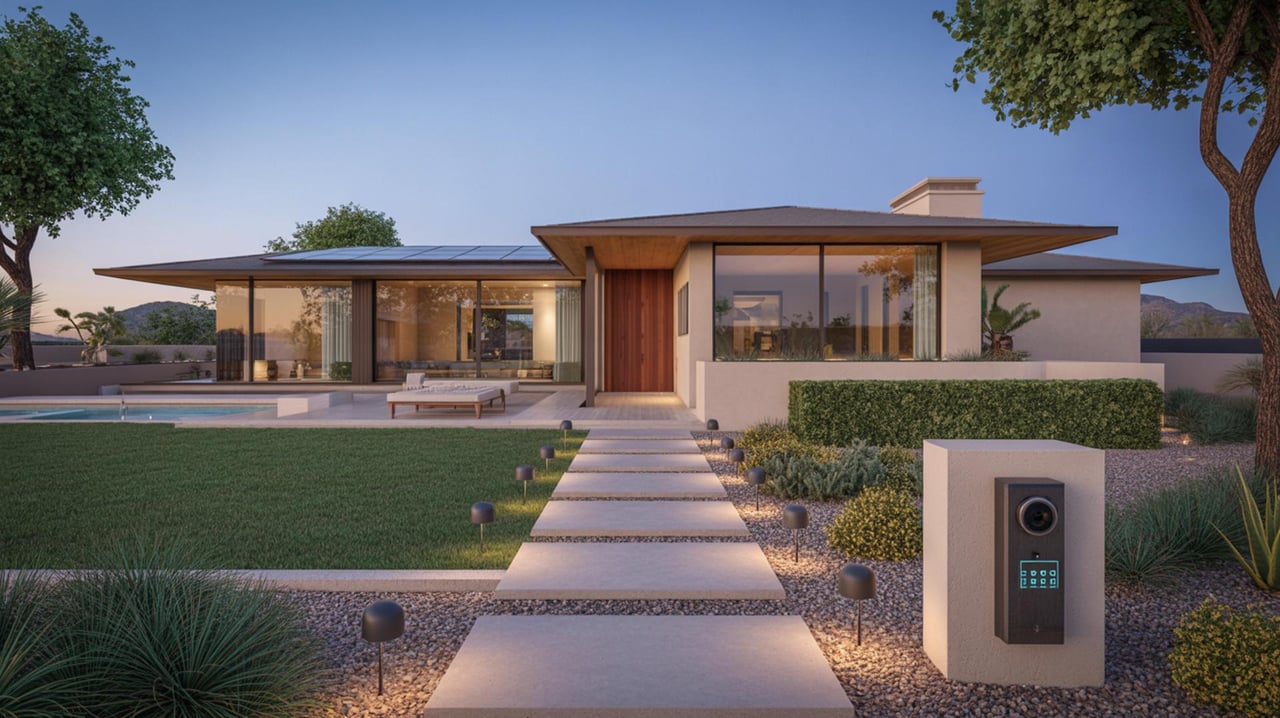 Modern single-story house with a glass façade, solar panels, and a lit walkway across the lawn.