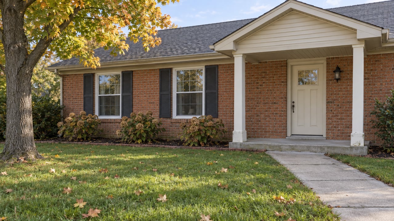 Brick ranch with cream siding, a covered entrance and an open autumn lawn beneath an amber-leaved maple.