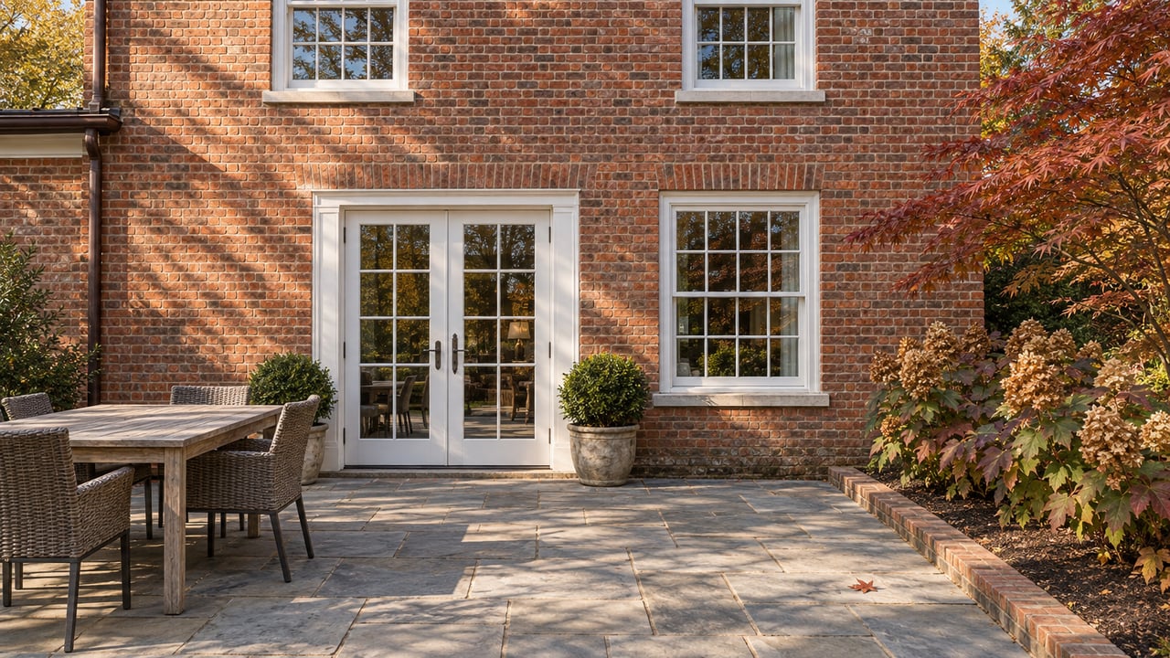 Brick home with white multipane windows and closed French doors opening onto a bluestone terrace with teak dining furniture and autumn planting.