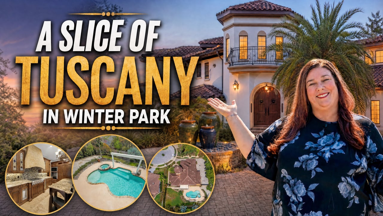Tuscan-style Winter Park home at dusk, with a presenter and inset views of its kitchen, pool, and grounds.