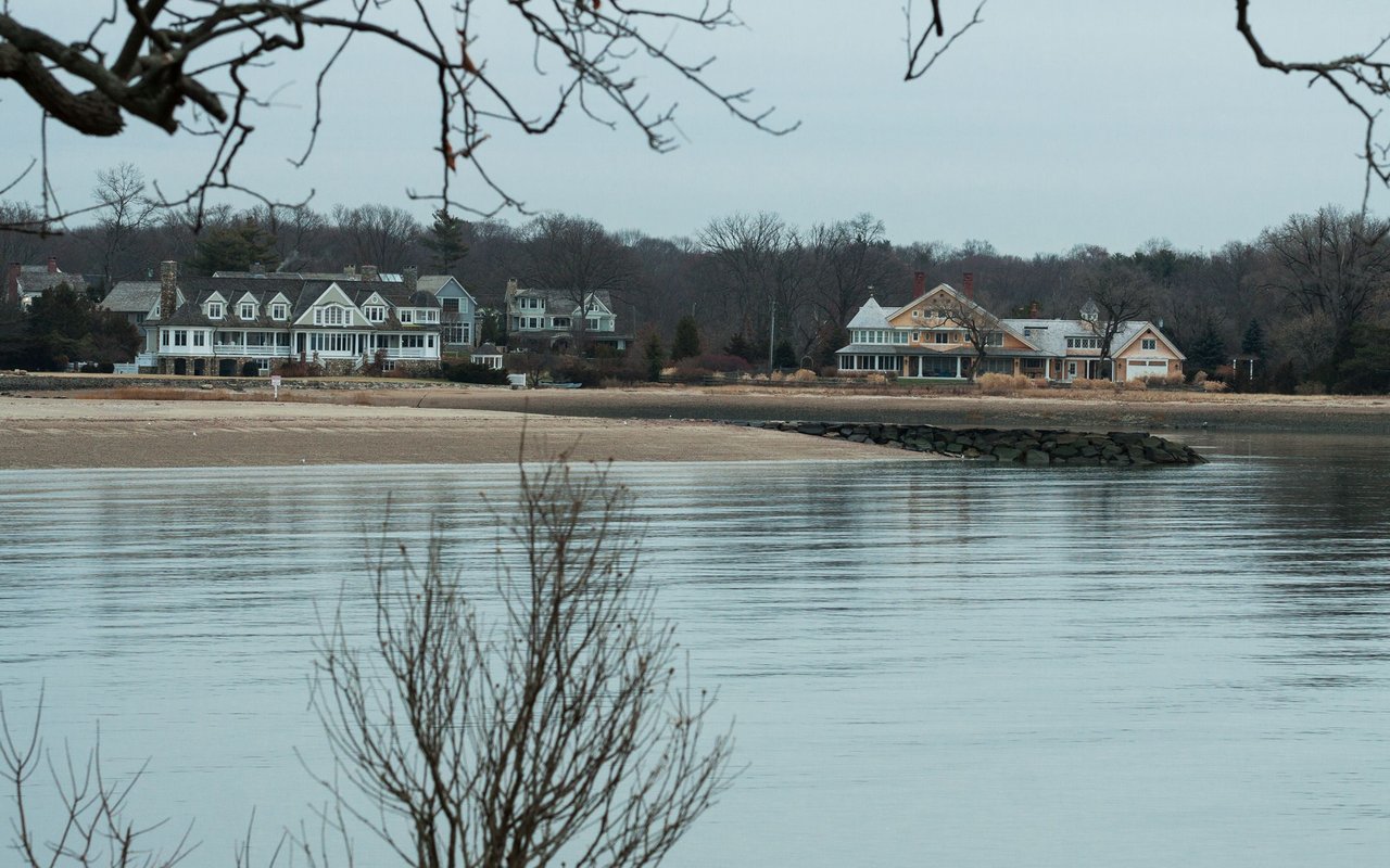 Waterfront homes across calm water, with a sandy shoreline and bare trees.