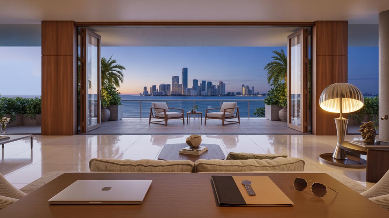 Modern living room opens through wide glass doors to a waterfront terrace and distant city skyline.