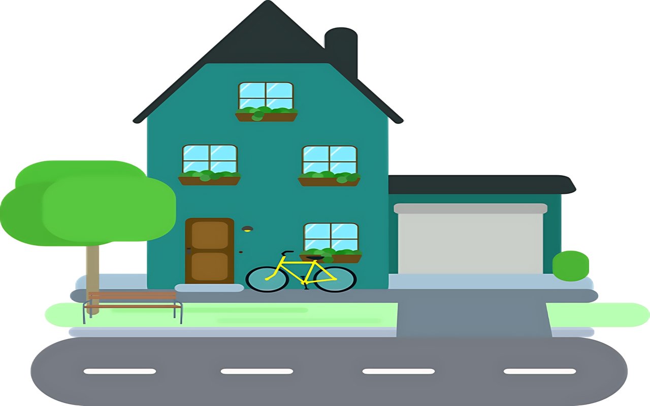 Teal house with an attached garage, tree, bench, and bicycle.