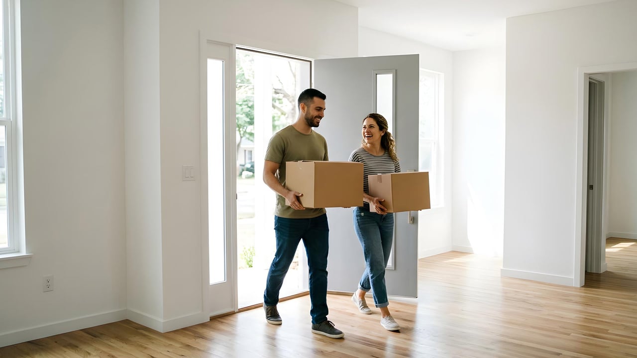 A couple stepping into their empty new home surrounded by packed cardboard boxes, illustrating how to claim the Ontario HST new housing rebate on pre-construction and builder inventory