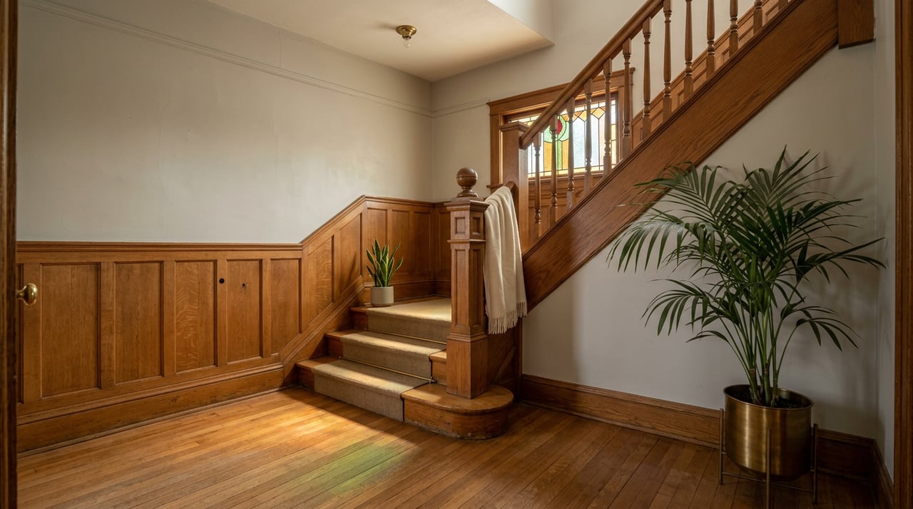 Oak staircase with a wool runner, stained-glass light, and a brass planter holding a palm.