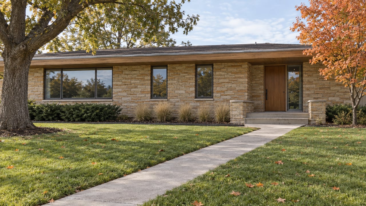 A low sandstone house with broad windows, a deep front lawn, and two mature trees in early autumn light.