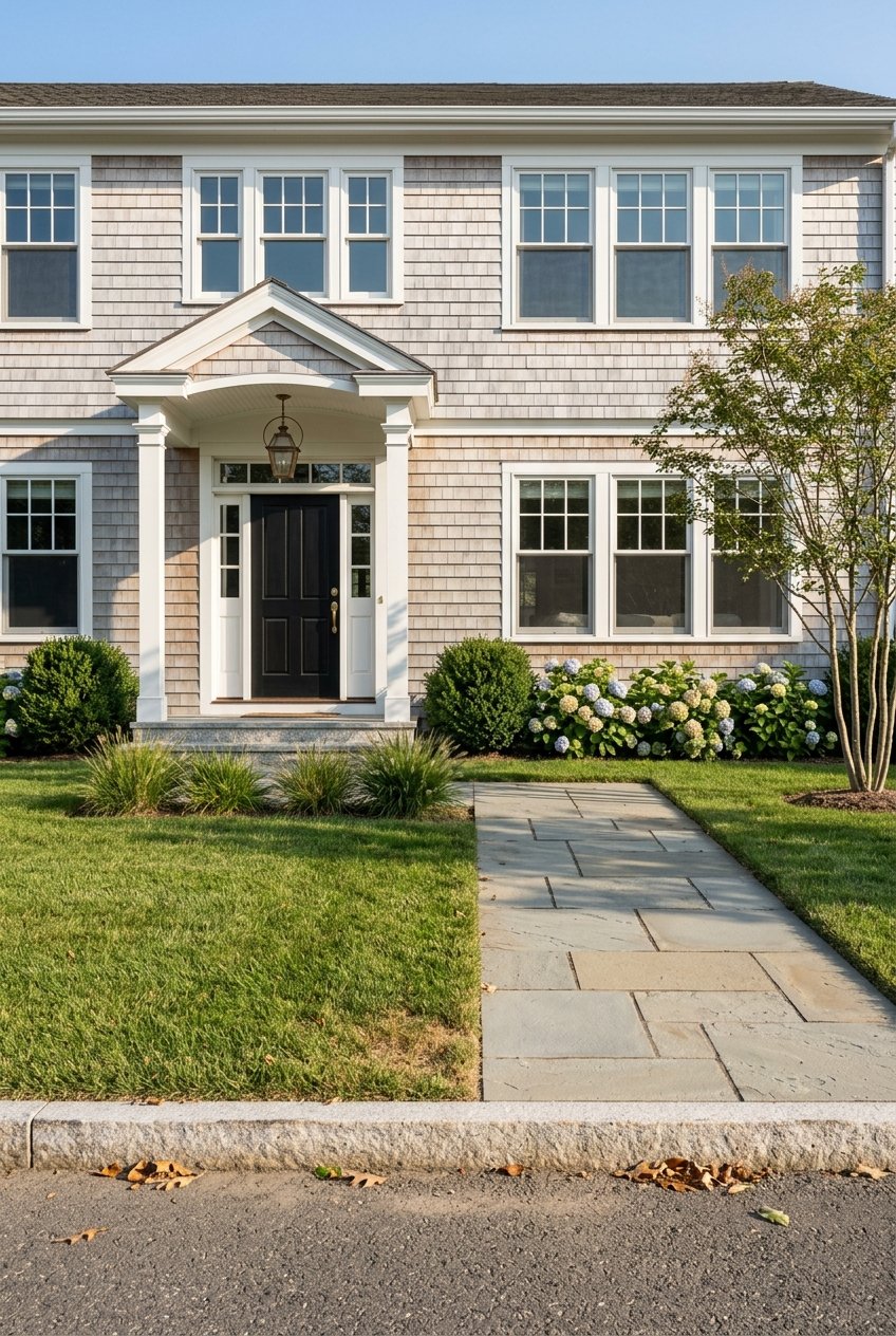A shingled home’s entryway.