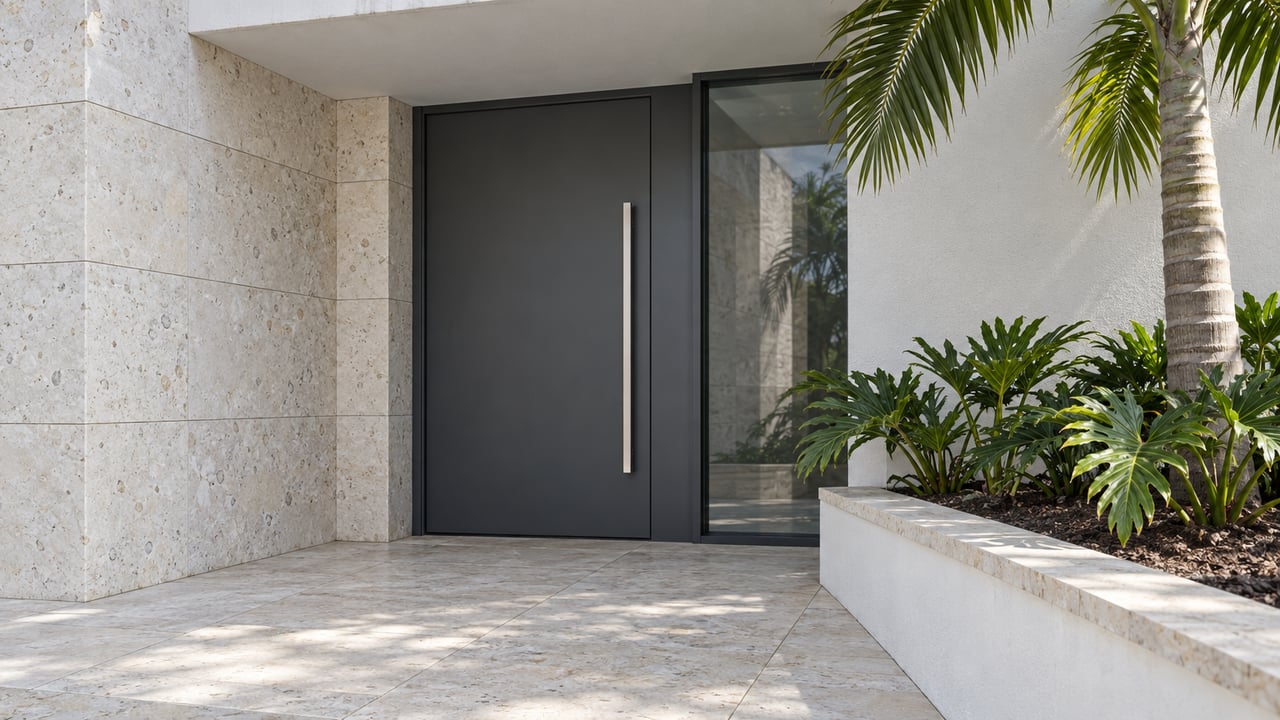 Modern home entrance with a charcoal door, pale stone walls, glass sidelight, and tropical landscaping.