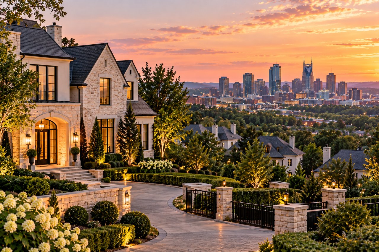 Luxury estate homes in Nashville, Tennessee, featuring elegant architecture, gated driveways, manicured landscaping, and the downtown skyline, showcasing the city's wealthiest neighborhoods and high-value real estate in 2026.