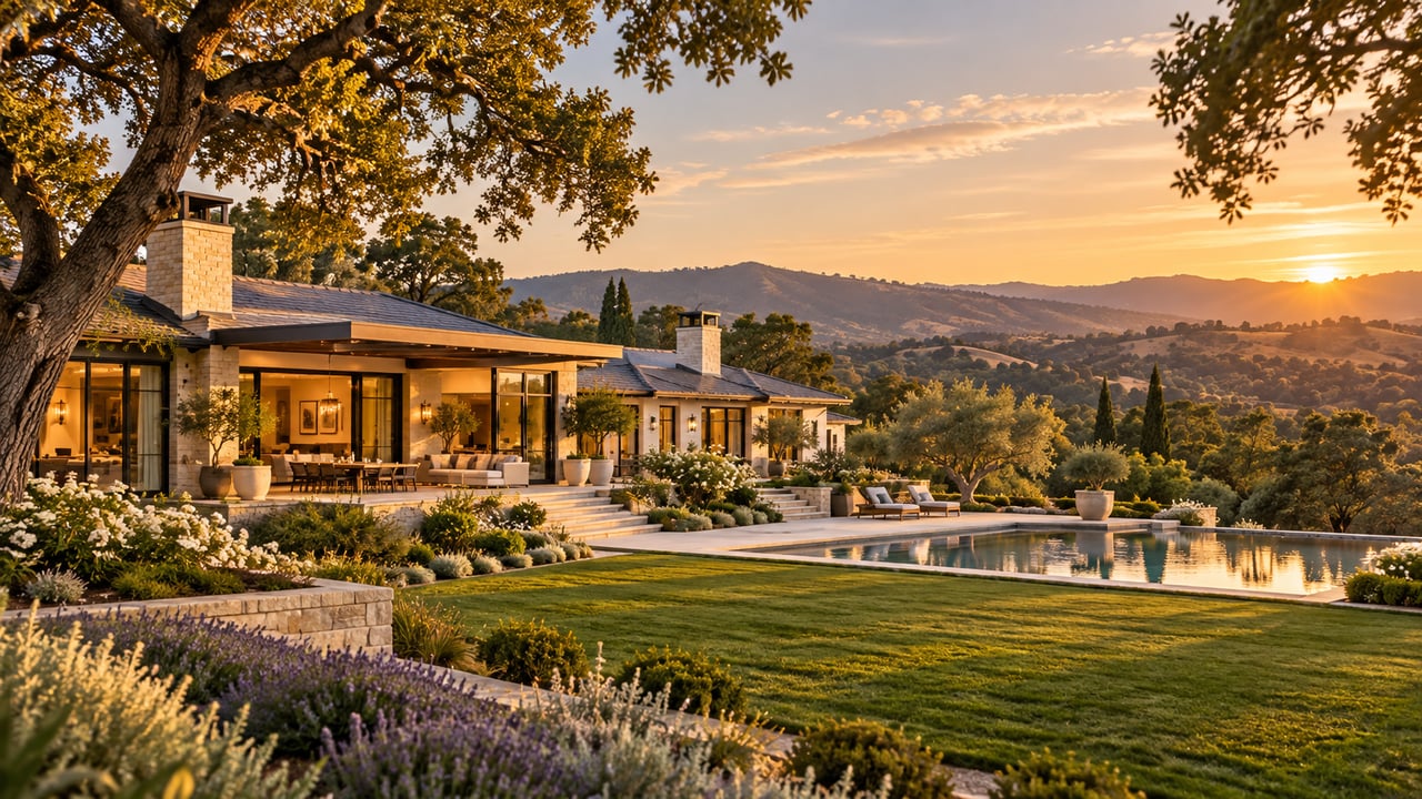 Modern luxury home with a pool and landscaped garden overlooking rolling hills at sunset.