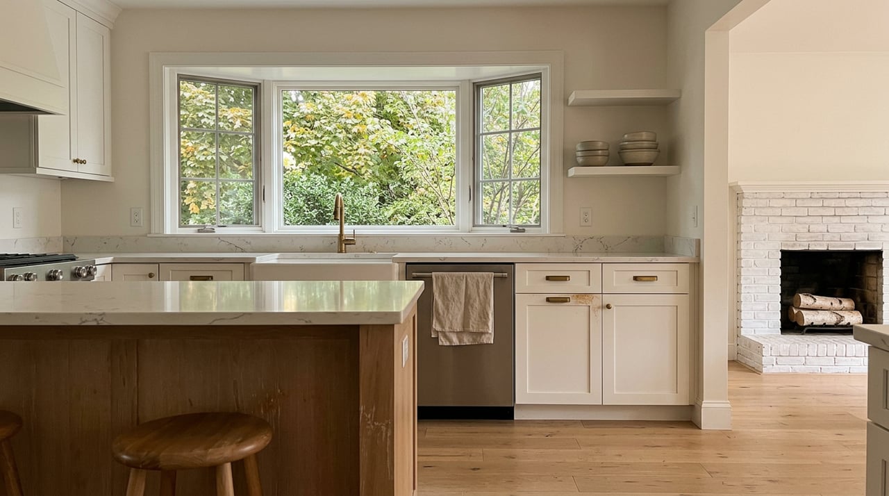 Open-plan kitchen with white cabinets, a farmhouse sink, and a bay window filled with leafy trees.