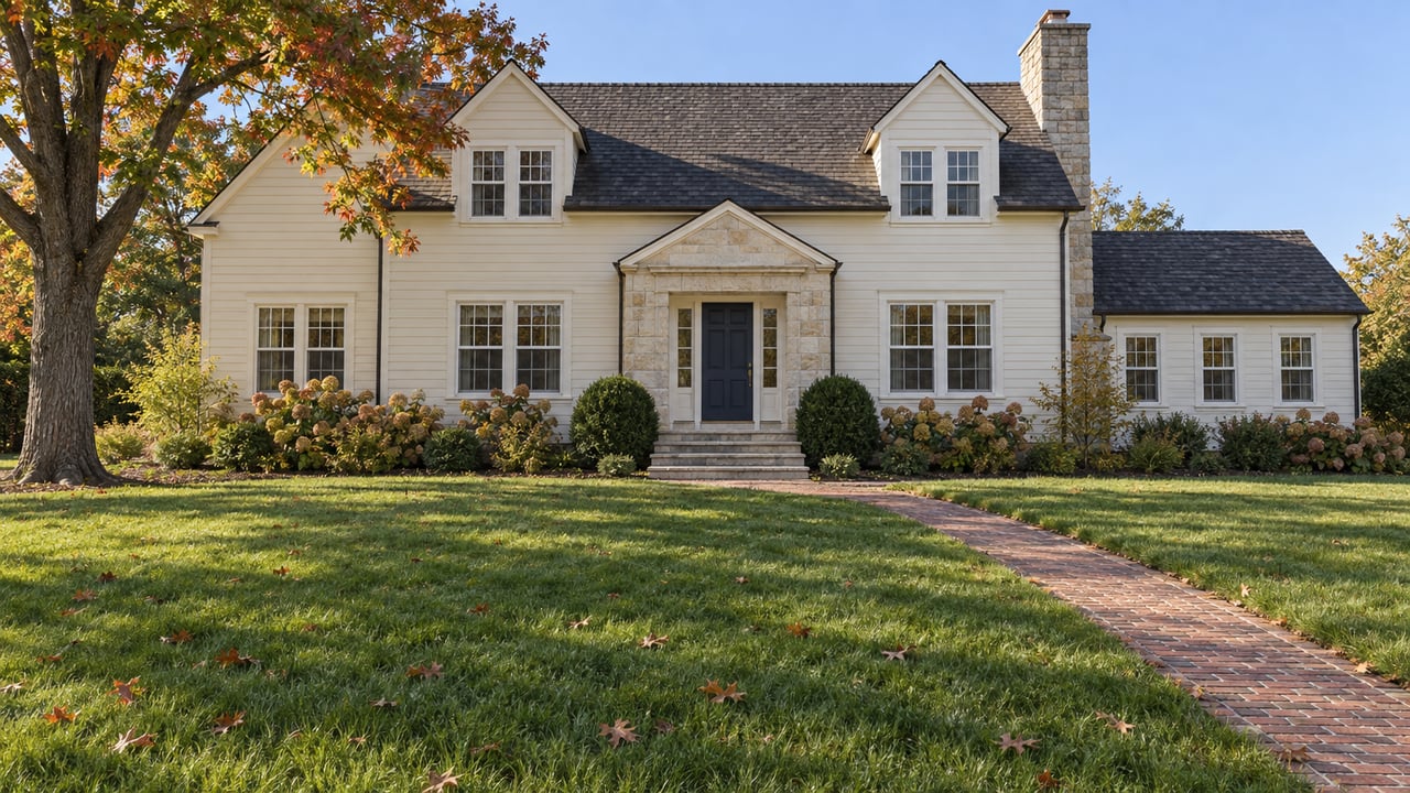 White two-story house with twin dormers, a stone entry, and a brick walkway across the lawn.