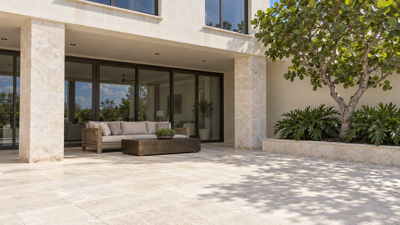 Cream-stucco estate loggia with bronze-framed glass doors, limestone terrace, teak seating and a sculptural sea grape tree.
