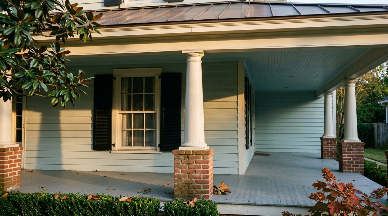 Painted porch column on a brick pier beside a shuttered window, with magnolia leaves overhead.