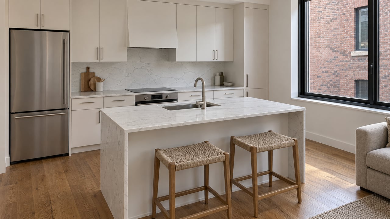 Bright compact condo kitchen with white cabinets, a veined quartz island, two oak stools and warm wood floors beside a closed window.