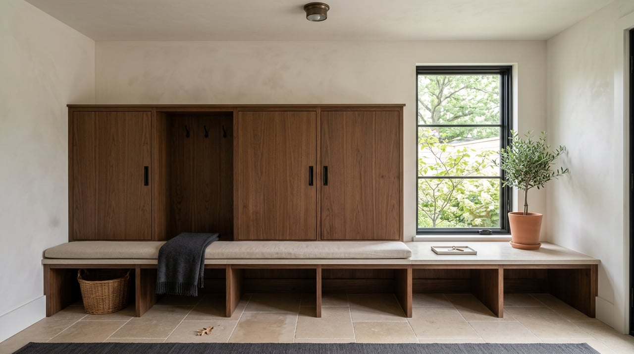 Walnut mudroom lockers with an oat linen bench, black hooks, and a tall window beside a potted olive tree.