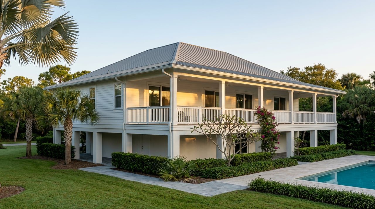 Elevated coastal home with a wraparound veranda, standing-seam roof, palms, and a turquoise pool.