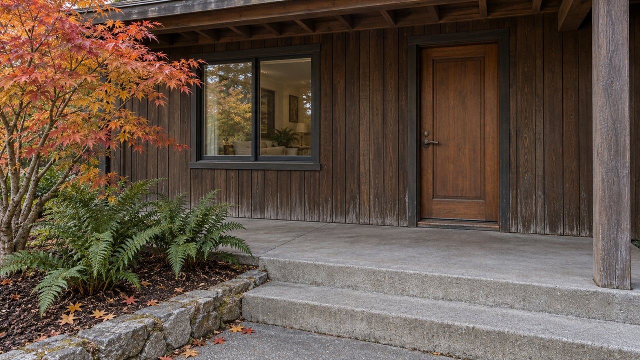 Weathered cedar cottage entry with a fir door, broad window, concrete steps and an autumn vine maple beside sword ferns.