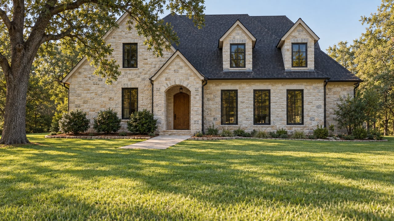 Substantial limestone home with a steep charcoal roof, arched timber-door entry, and a broad lawn beside a mature post oak.