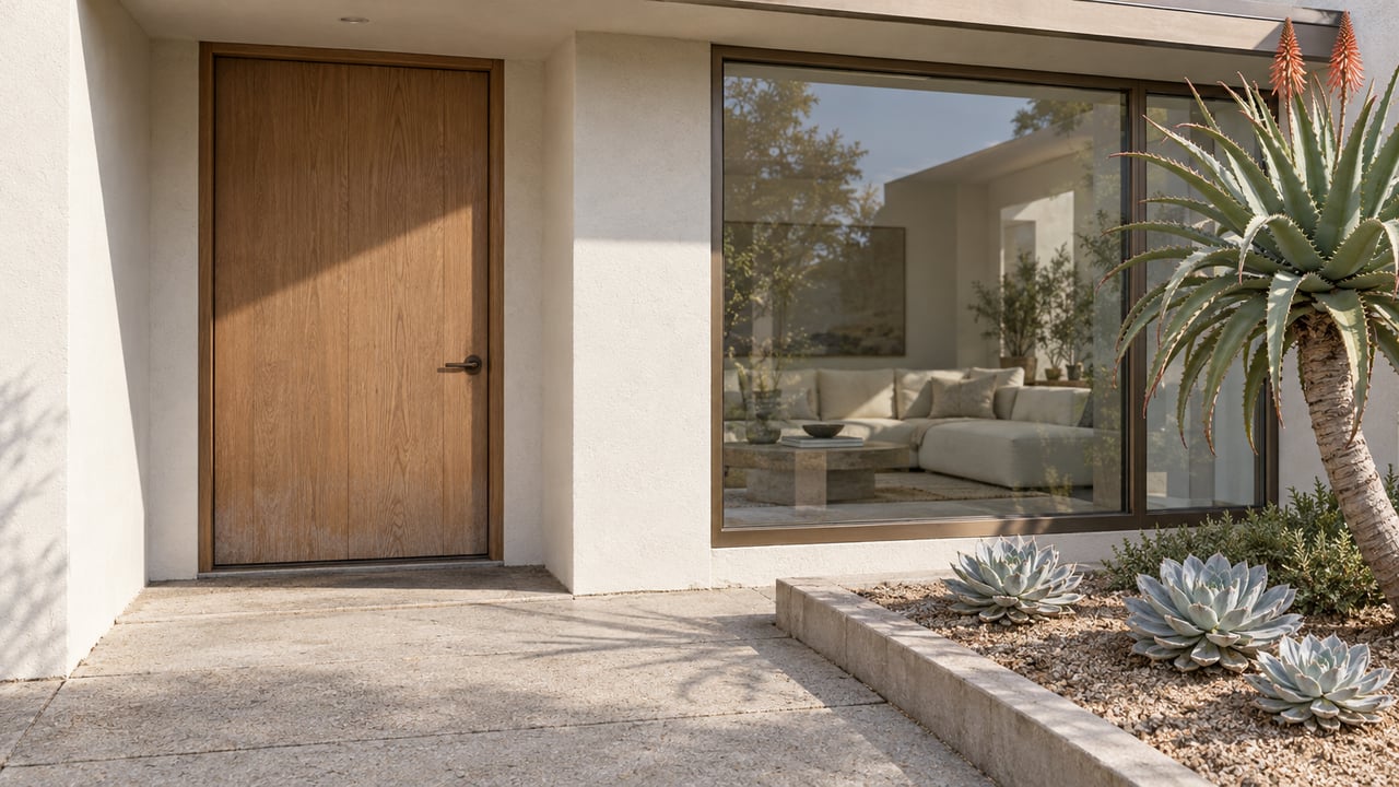 Warm-white contemporary home entrance with an oak door, bronze-framed living-room window, concrete paving and sculptural aloe planting.