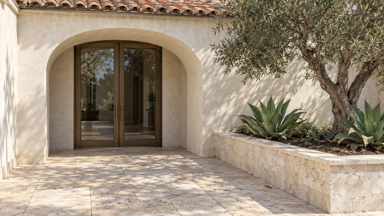 An ivory stucco home entry with closed bronze-framed glass doors, worn limestone paving, and an olive tree above two agaves.