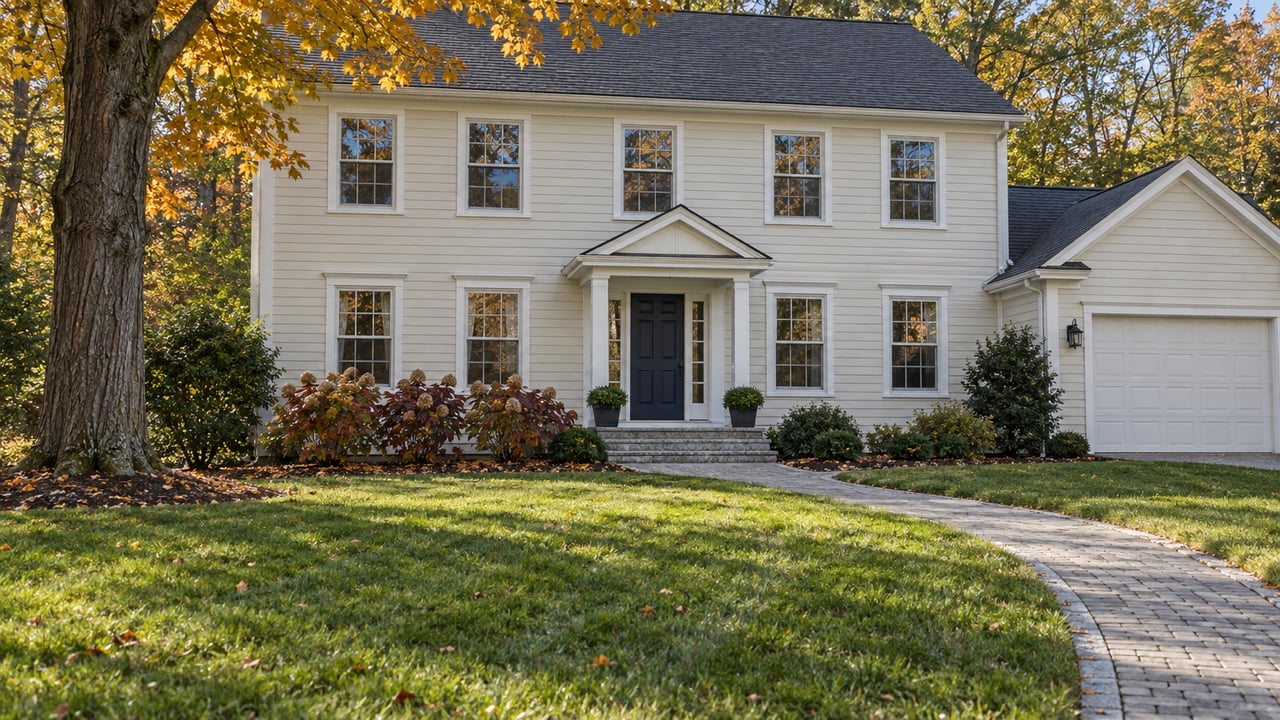 Ivory clapboard home with a navy entry door, granite steps, broad lawn, and amber maple foliage in afternoon light.