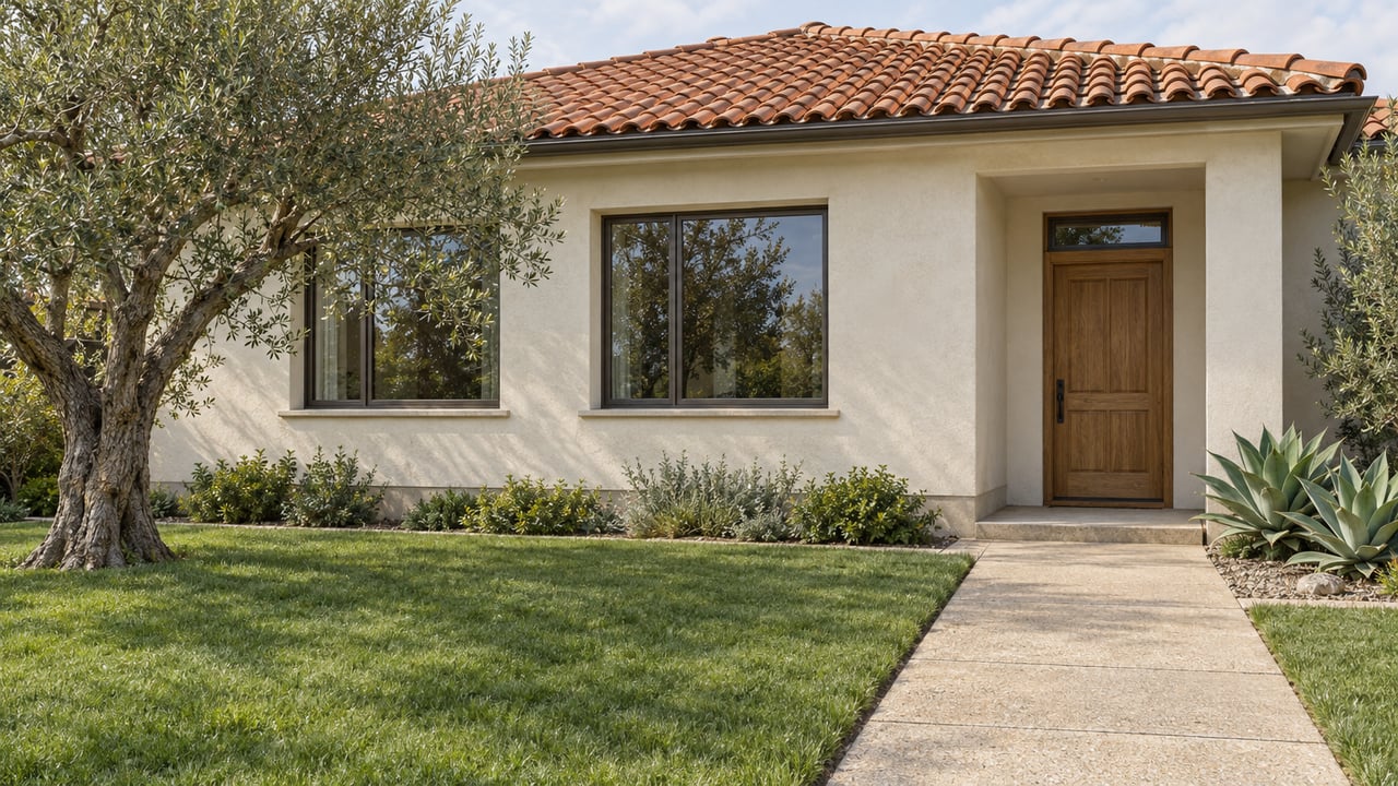 Cream stucco home with a terracotta roof, bronze-framed windows, an olive tree and a concrete approach across a small front lawn.