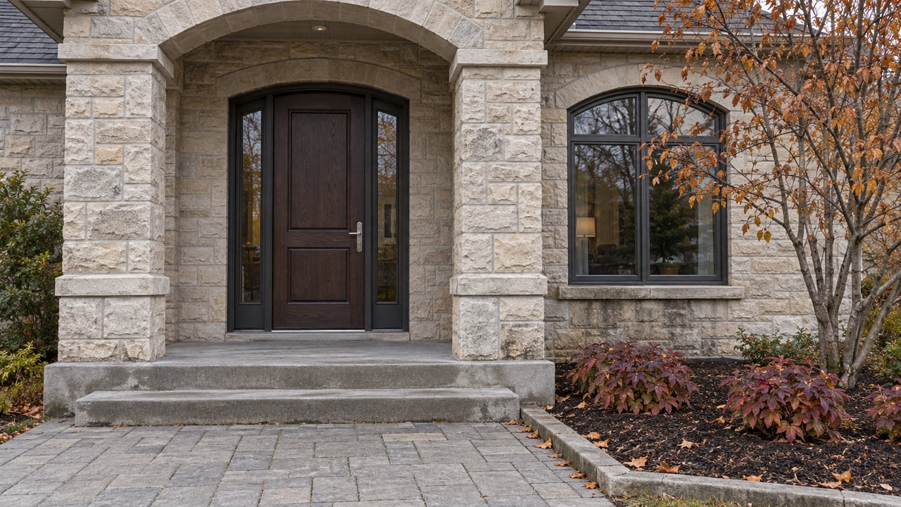 Pale limestone home entrance with a deep arched portico, balanced sidelights, concrete steps and copper autumn foliage beside an arched window.