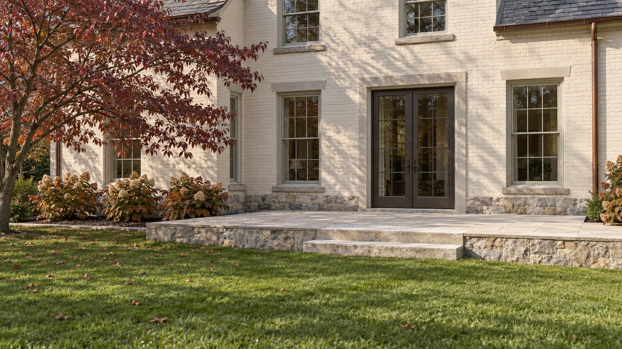 Ivory painted-brick house with tall glazed doors, a raised limestone terrace and spacious lawn beside a dogwood in autumn color.