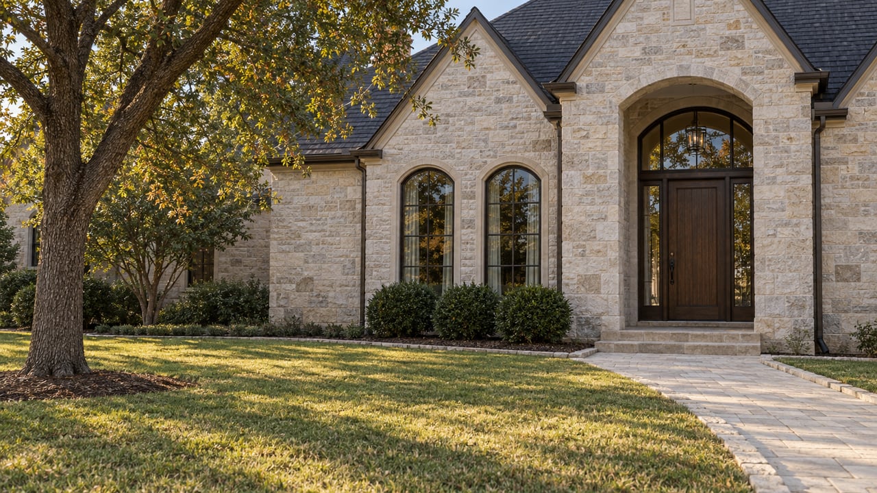 Stone two-story home with dark gables and tall arched windows beyond an autumn lawn and limestone approach.