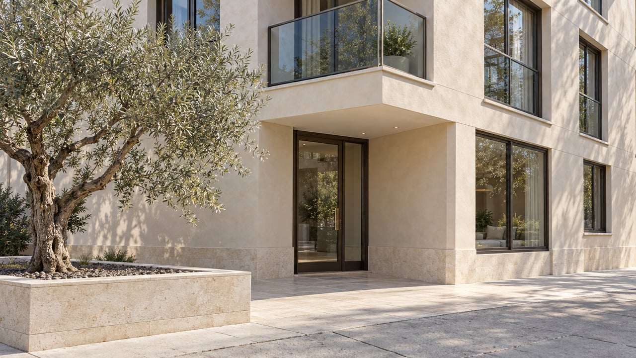 Ivory condominium corner with bronze windows, recessed glass entry, and olive tree in raised planter.