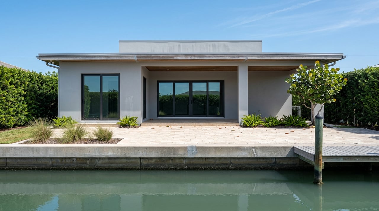 Canal-front home with gray stucco, glass doors, travertine deck, covered lanai, and calm water.