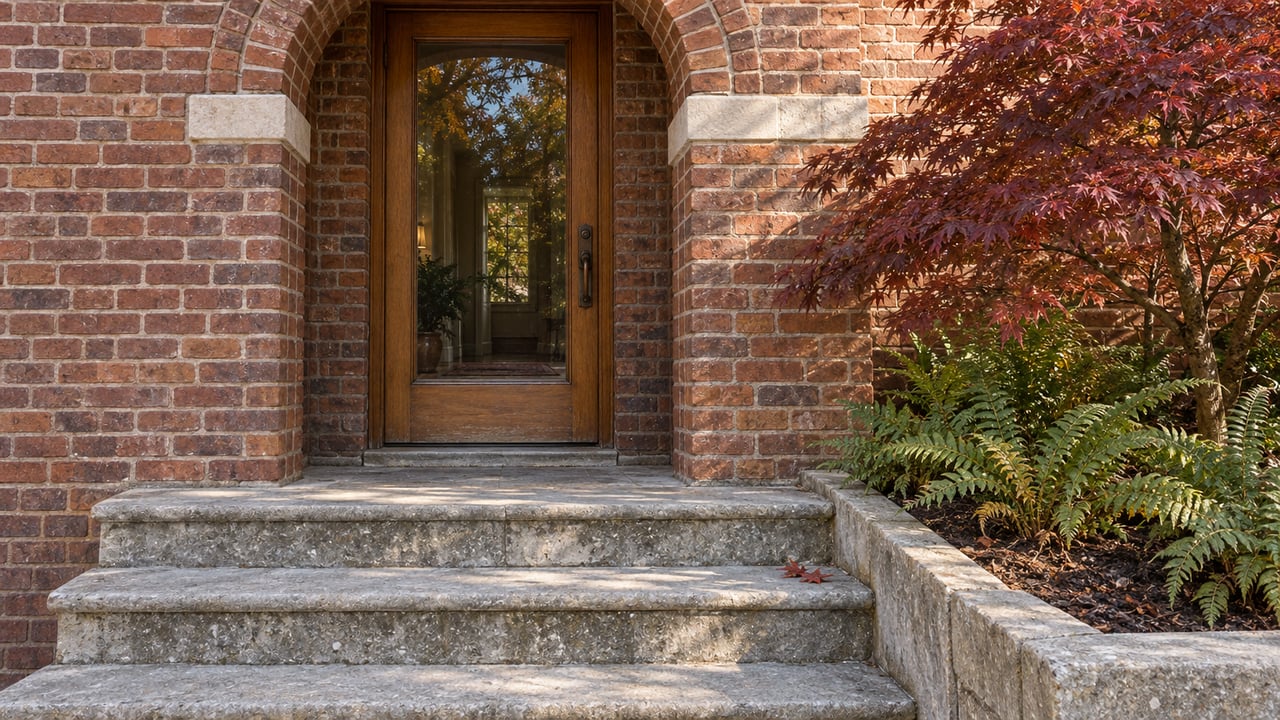 Warm brick entrance with a glazed oak door, weathered limestone steps and a burgundy Japanese maple beside the landing.