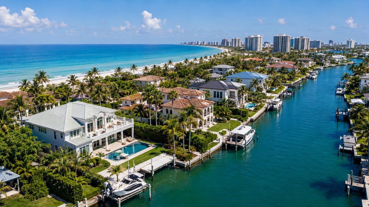 Aerial view of luxury waterfront homes, private docks, canals, and Gulf beaches in Naples, Florida, showcasing premier waterfront neighborhoods including Port Royal, Aqualane Shores, Royal Harbor, Park Shore, and the Moorings.