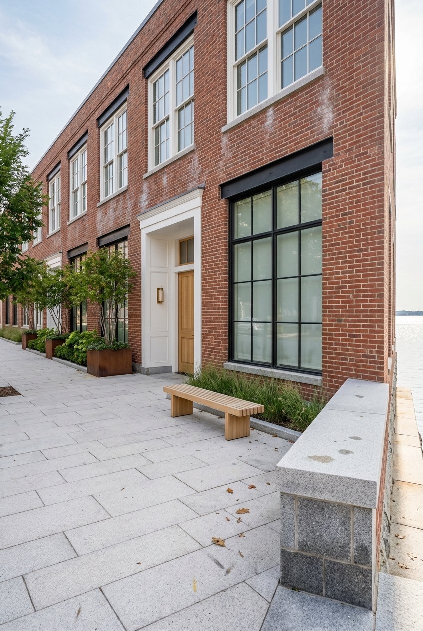 Renovated brick condo building beside a hardscaped waterfront promenade.