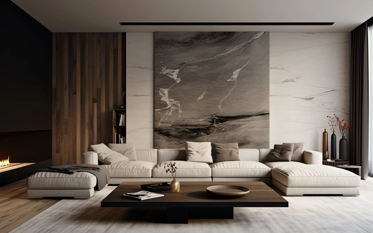 Modern living room with a cream sectional, veined stone feature wall, and linear fireplace.