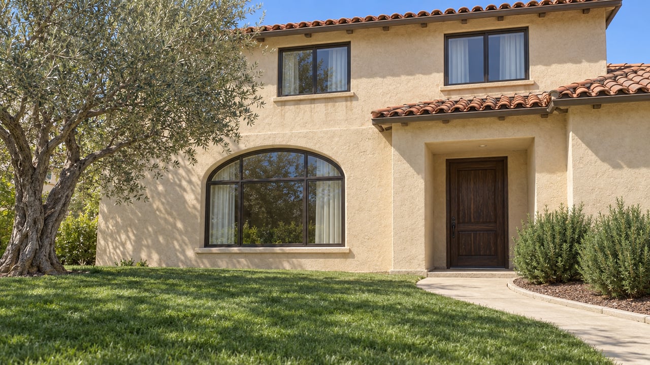 Sunlit sand-colored stucco home with terracotta roof tiles, an arched window, olive tree and curved concrete front walk.