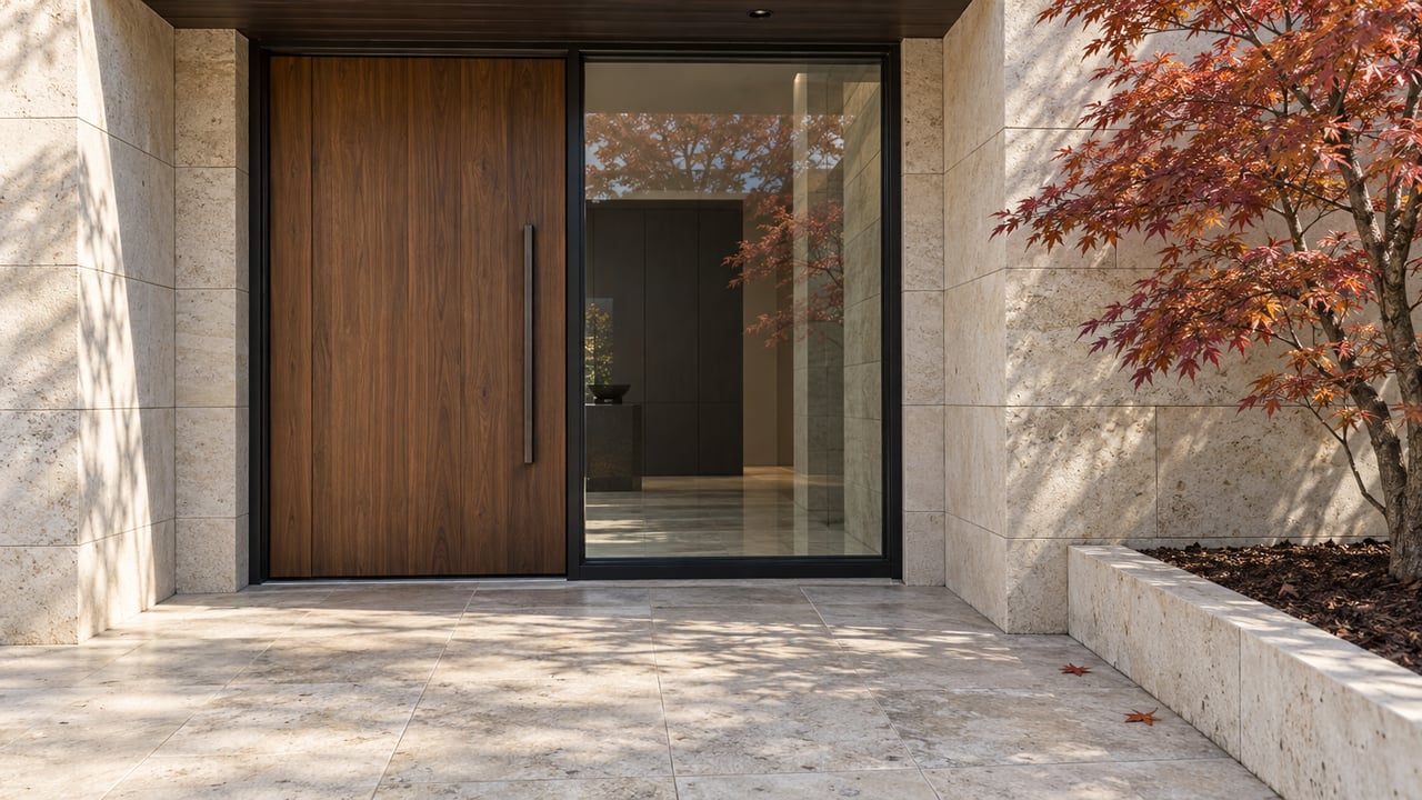 Recessed walnut entrance and black-framed window in pale limestone, beside a rust-red Japanese maple and a honed stone approach.
